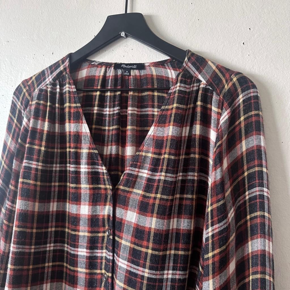 Madewell Ruffle Cuff Plaid Button Blouse Brown Rust Black Size M - Picture 5 of 9